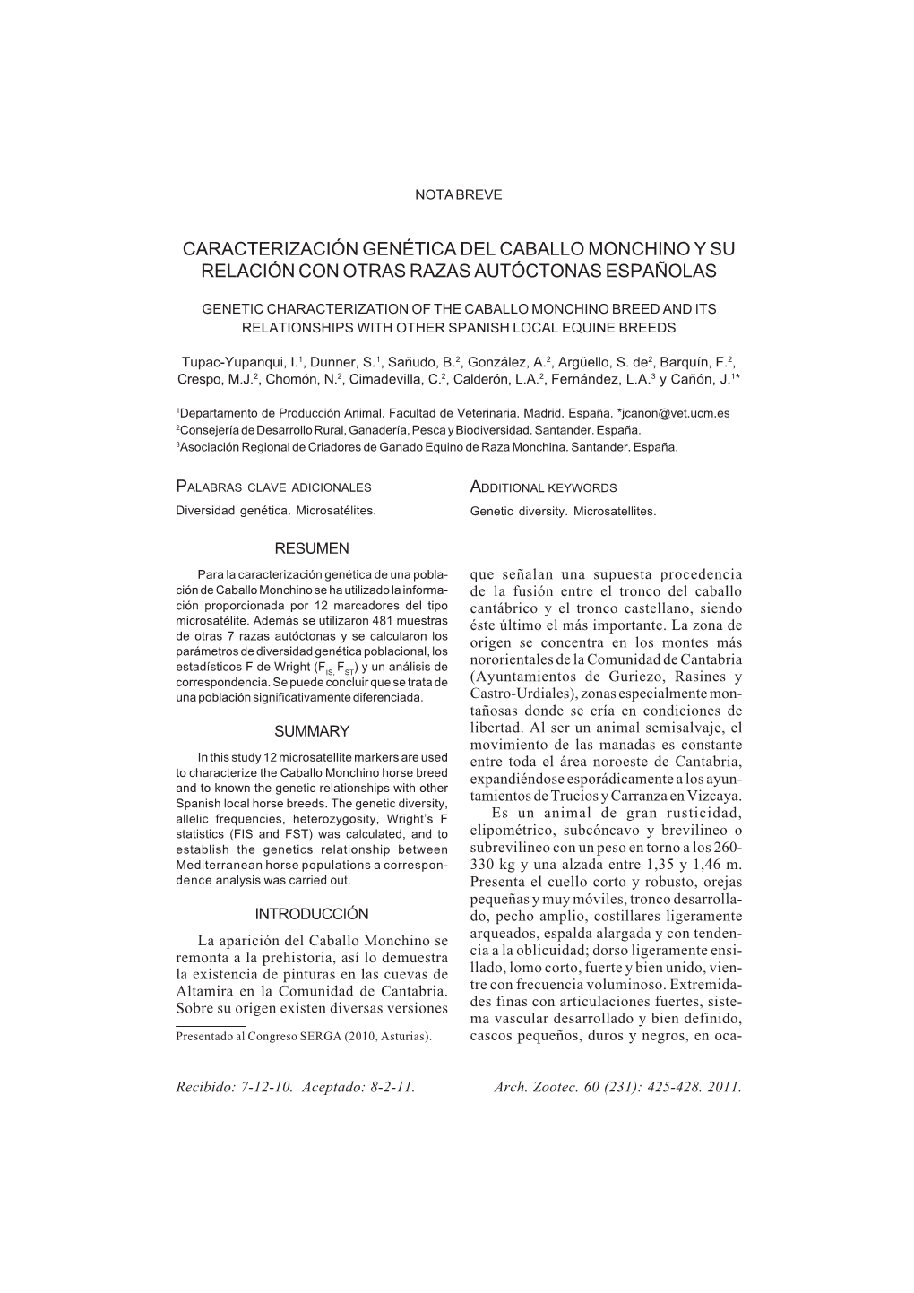 Caracterización Genética Del Caballo Monchino Y Su Relación Con Otras Razas Autóctonas Españolas