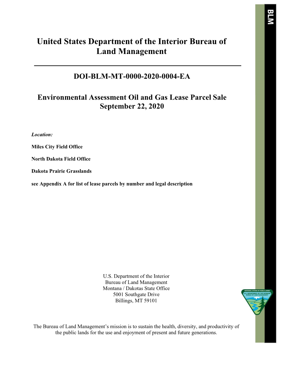 Environmental Assessment Oil and Gas Lease Parcel Sale September 22 2020