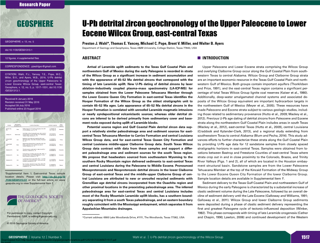 U-Pb Detrital Zircon Geochronology of the Upper Paleocene to Lower Eocene Wilcox Group, East-Central Texas GEOSPHERE; V