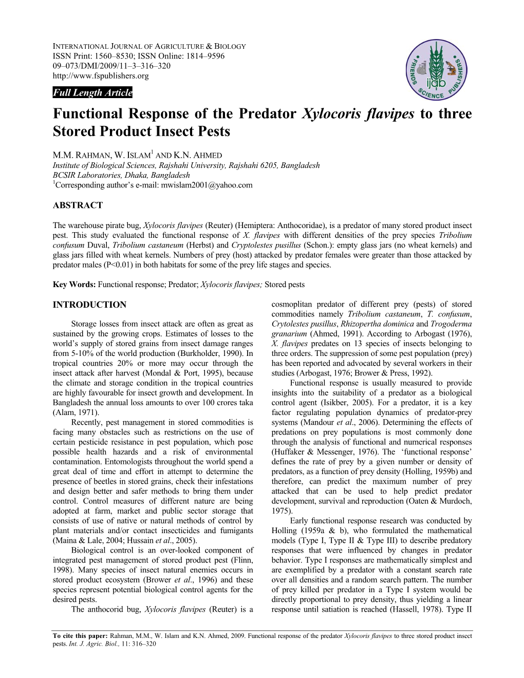 Functional Response of the Predator Xylocoris Flavipes to Three Stored Product Insect Pests