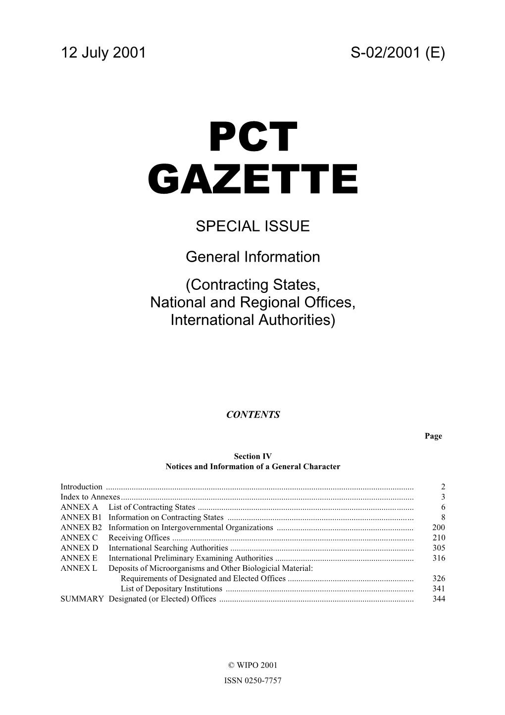 PCT Gazette, Special Issue No. 2, 2001