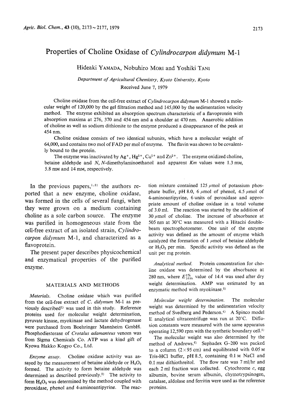 Properties of Choline Oxidase of Cylindrocarpon Didymum M-1