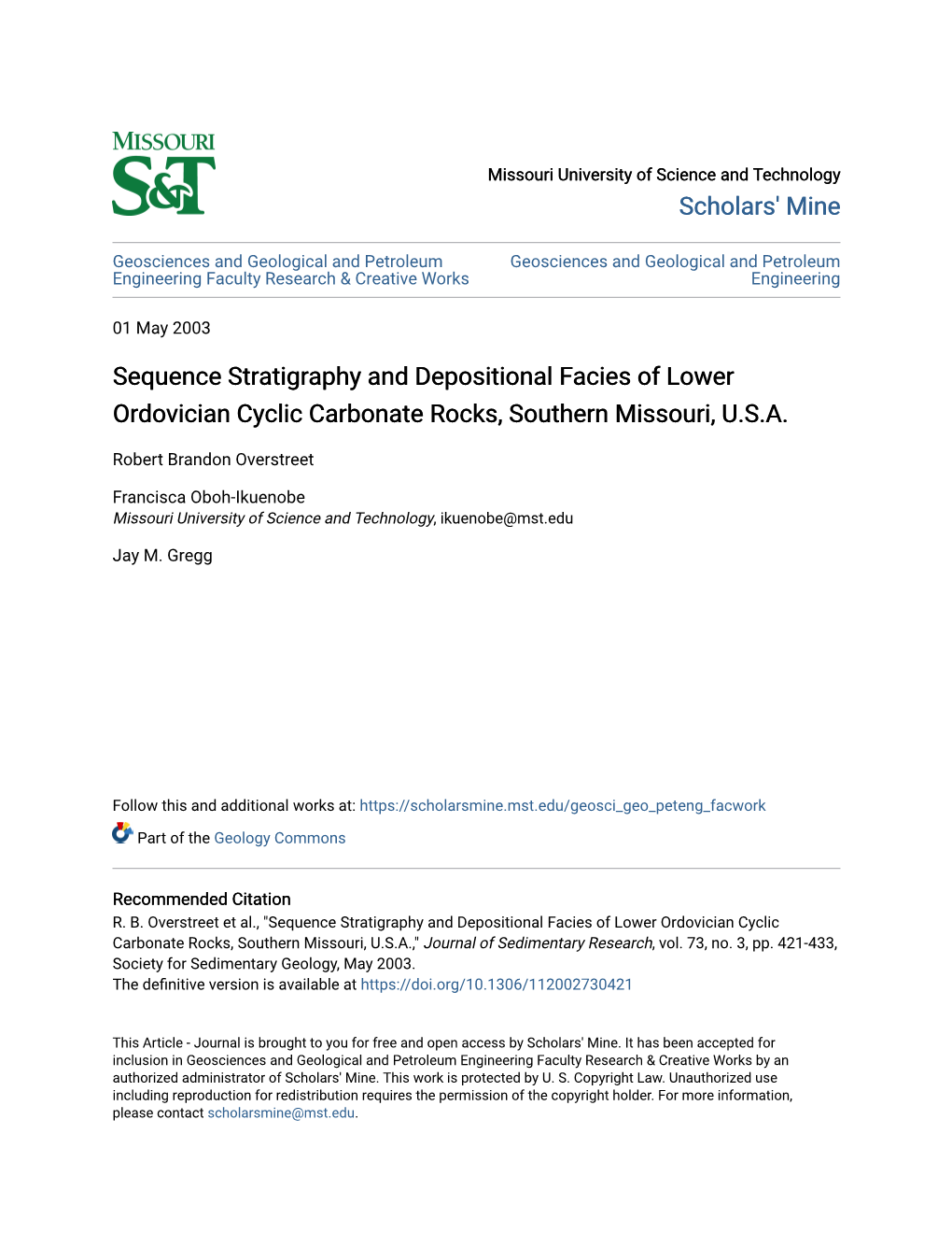 Sequence Stratigraphy and Depositional Facies of Lower Ordovician Cyclic Carbonate Rocks, Southern Missouri, U.S.A