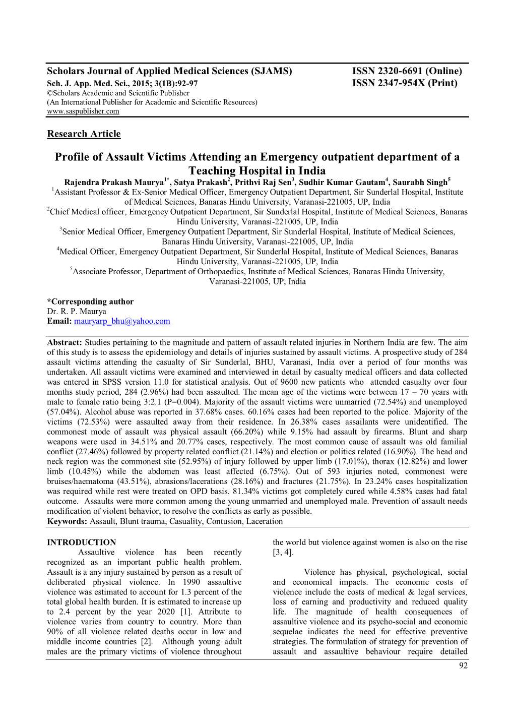 Profile of Assault Victims Attending an Emergency Outpatient Department