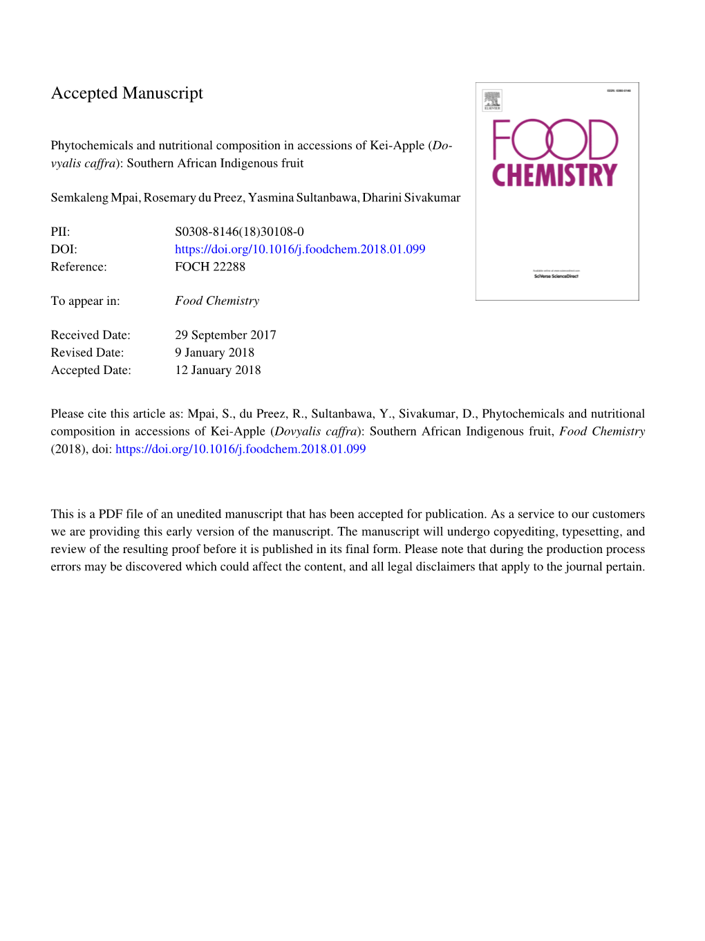 Dovyalis Caffra): Southern African Indigenous Fruit, Food Chemistry (2018), Doi