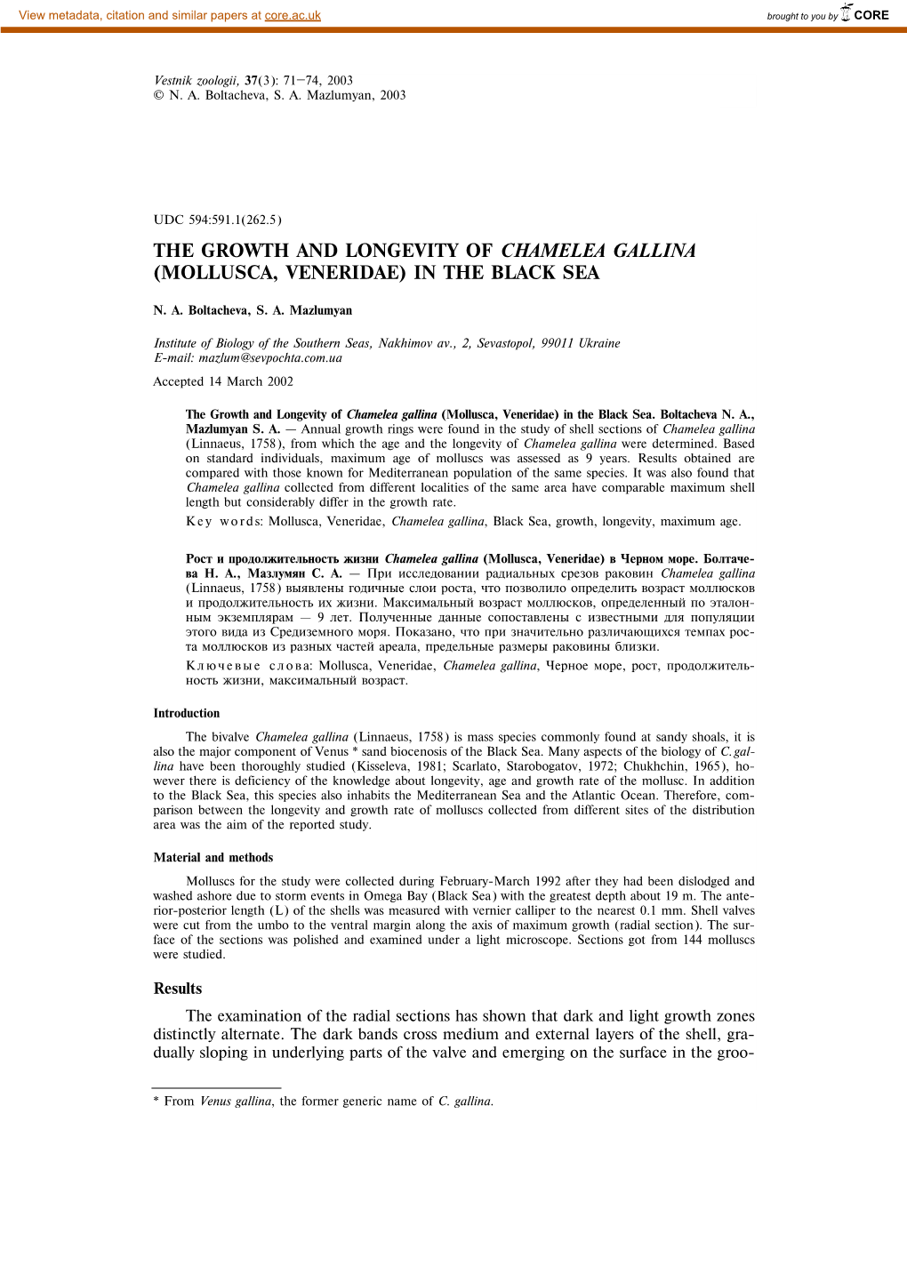The Growth and Longevity of Chamelea Gallina (Mollusca, Veneridae) in the Black Sea