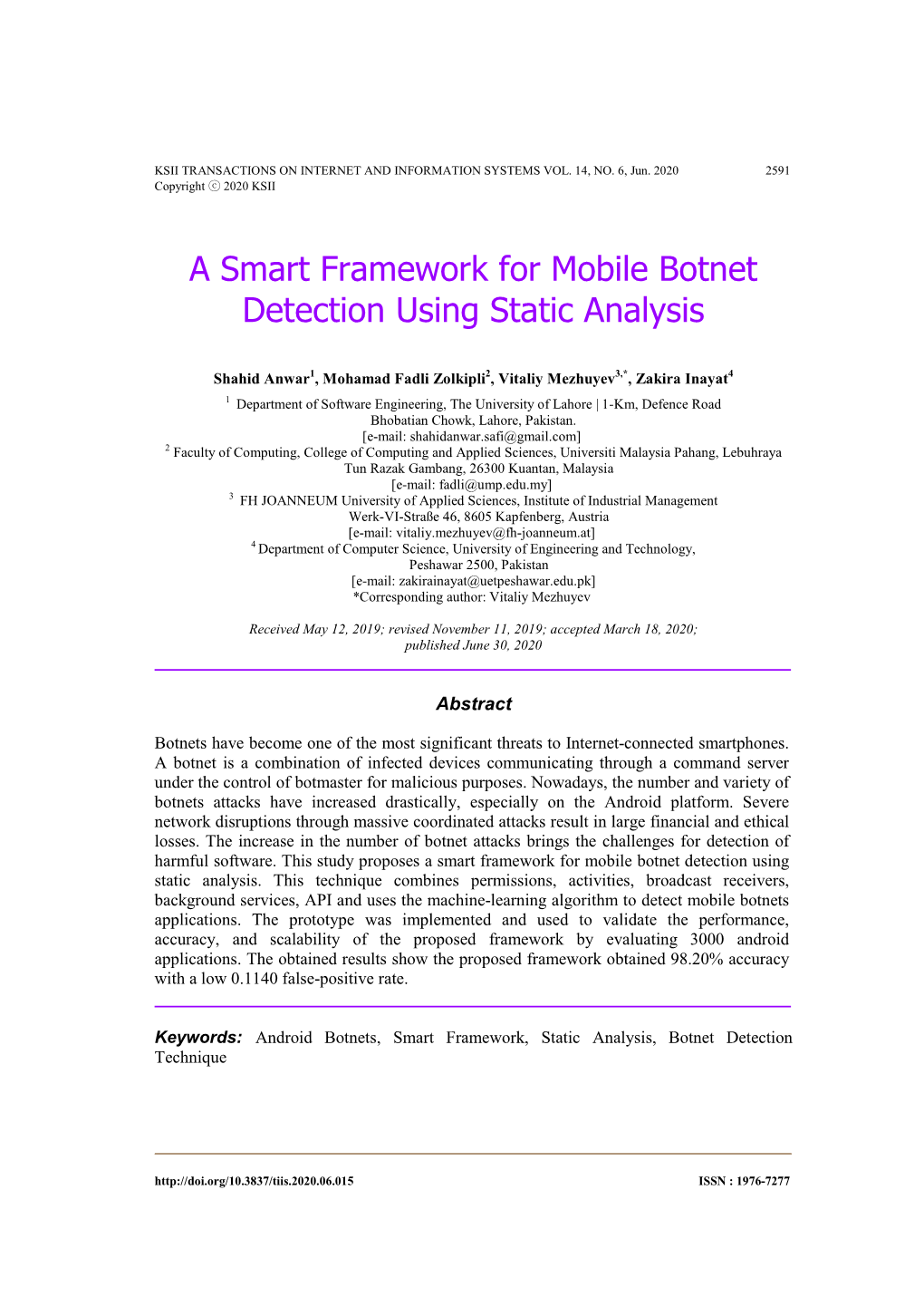 A Smart Framework for Mobile Botnet Detection Using Static Analysis