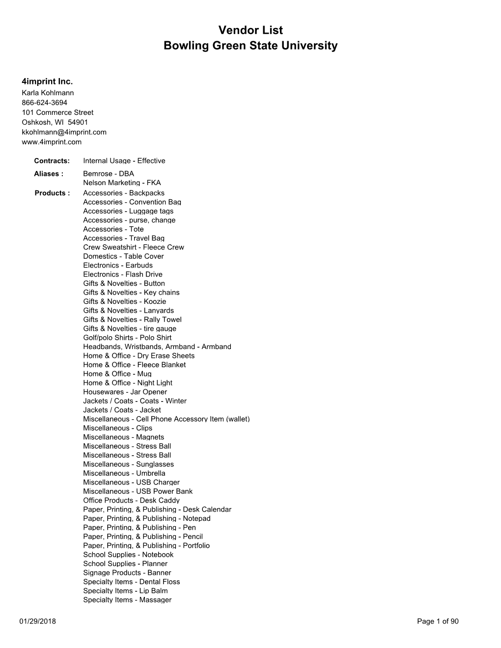 Vendor List Bowling Green State University