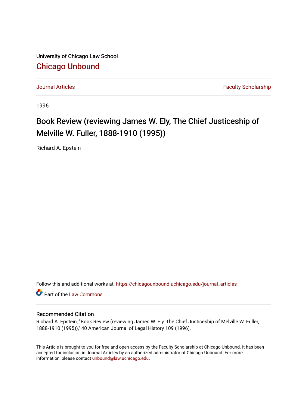 Reviewing James W. Ely, the Chief Justiceship of Melville W. Fuller, 1888-1910 (1995