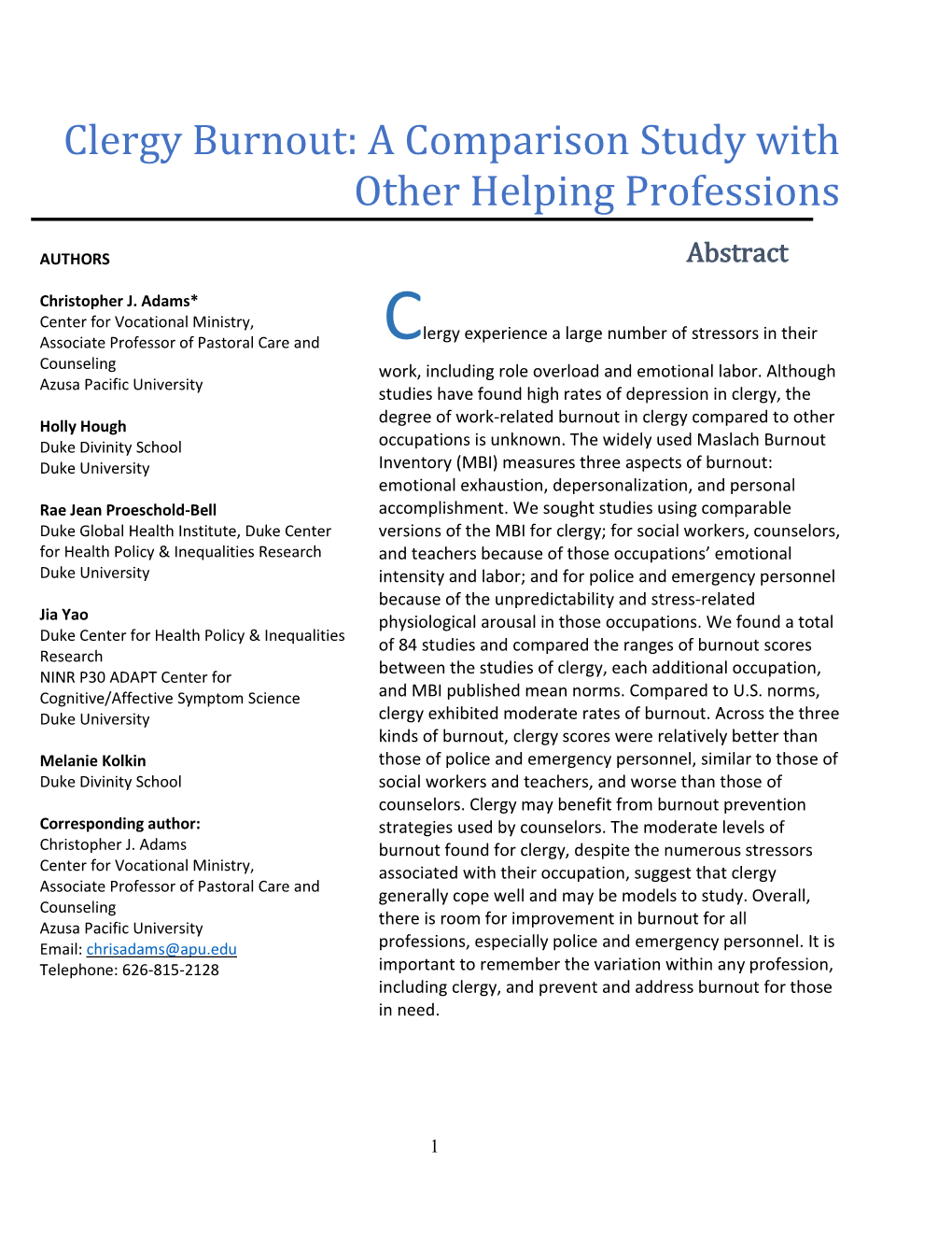 Clergy Burnout: a Comparison Study with Other Helping Professions