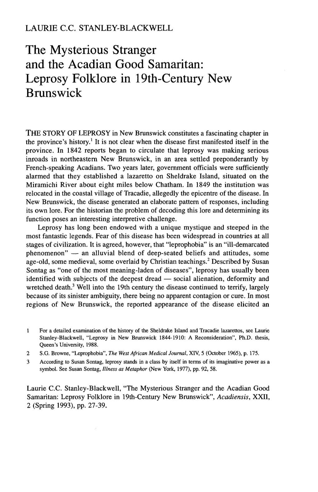 Leprosy Folklore in 19Th-Century New Brunswick