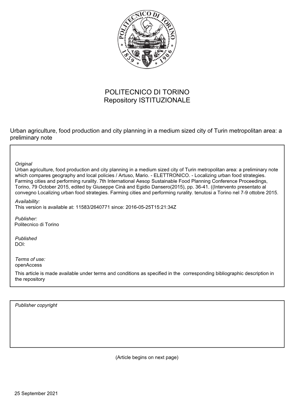 Urban Agriculture, Food Production and City Planning in a Medium Sized City of Turin Metropolitan Area: a Preliminary Note