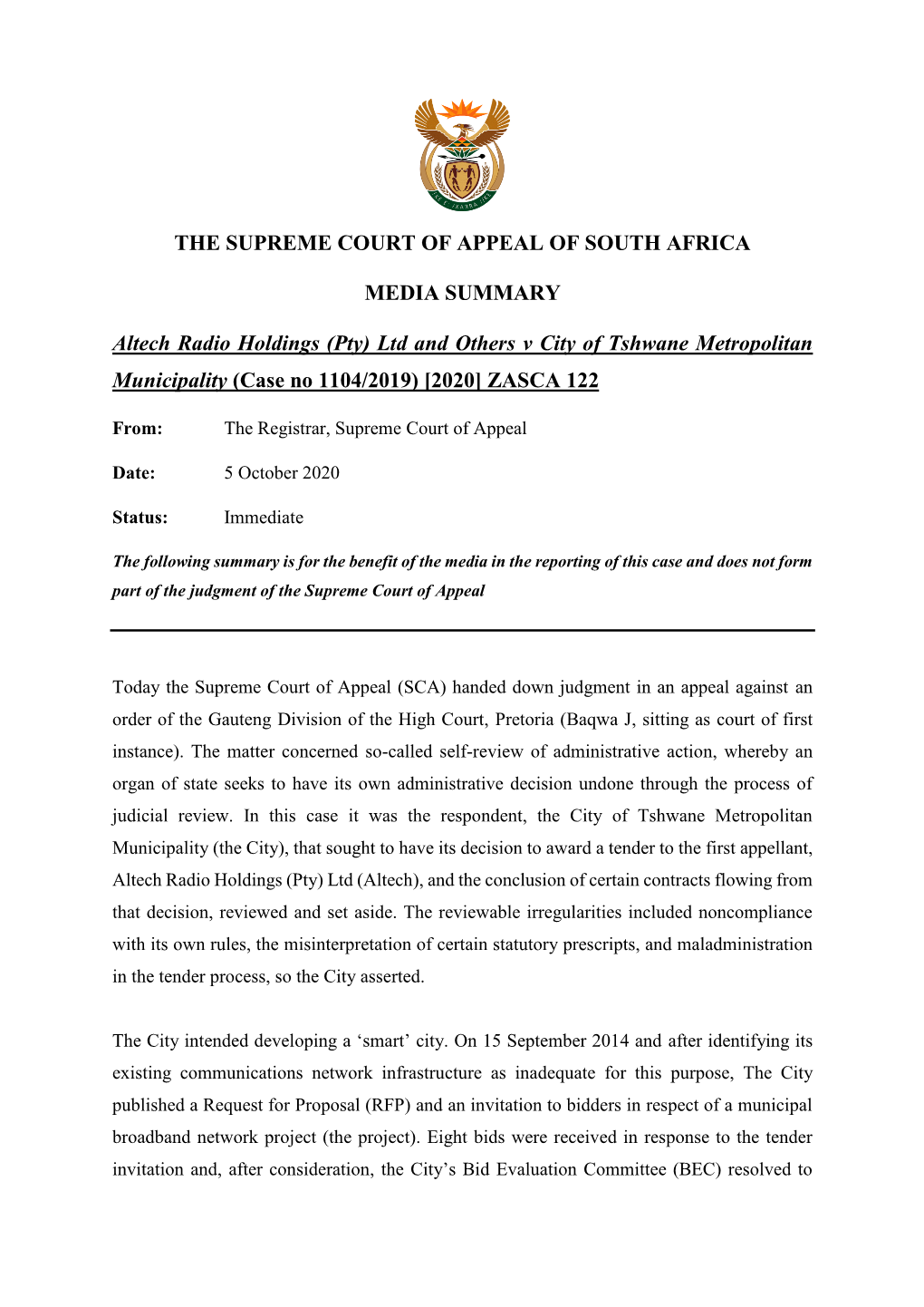 Ltd and Others V City of Tshwane Metropolitan Municipality (Case No 1104/2019) [2020] ZASCA 122