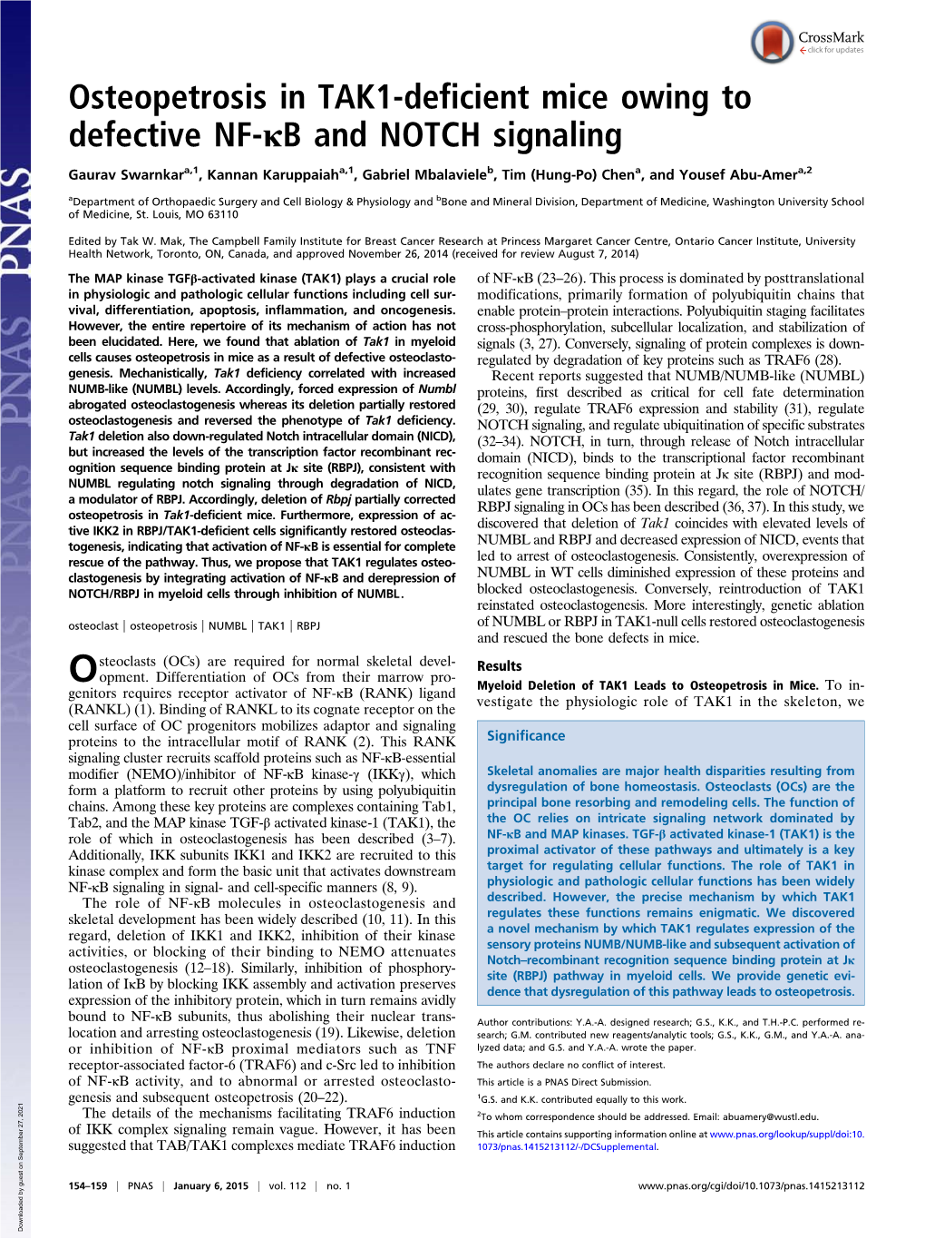 Osteopetrosis in TAK1-Deficient Mice Owing to Defective NF-Κb and NOTCH Signaling