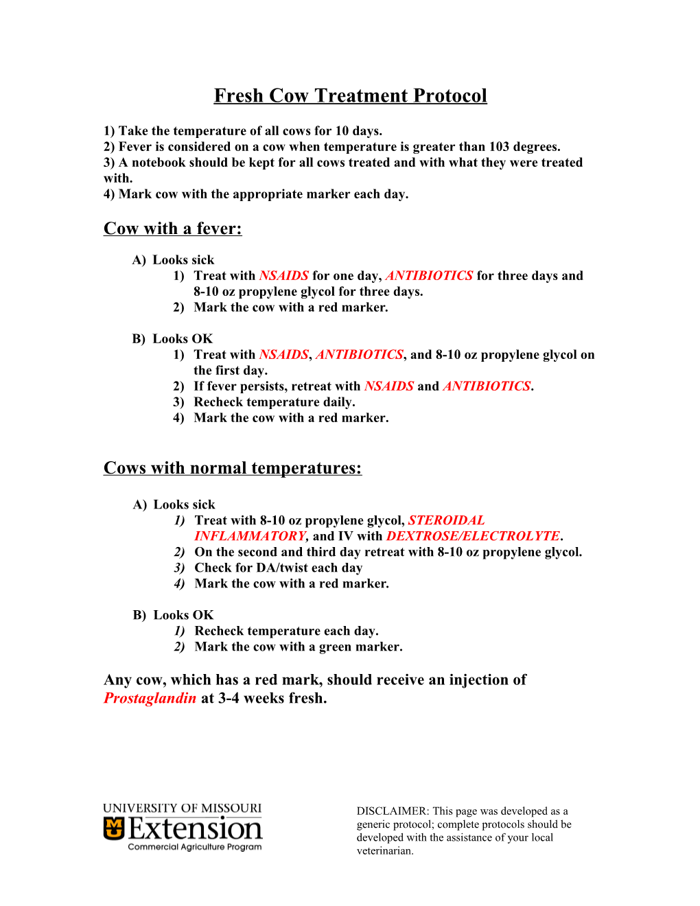 Fresh Cow Treatment Protocol