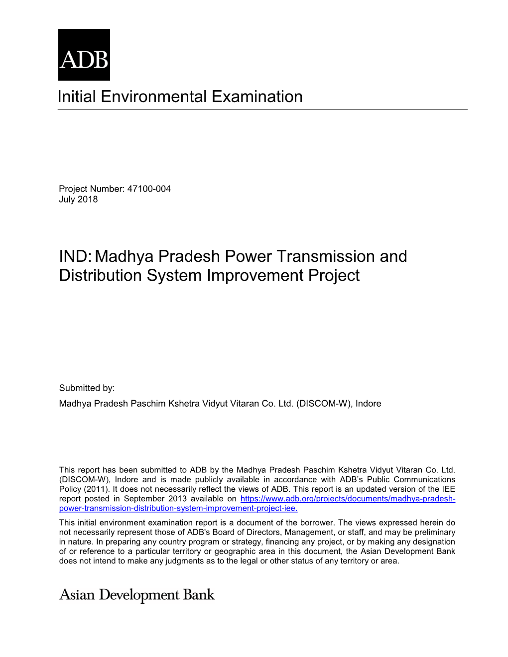 Initial Environmental Examination IND:Madhya Pradesh Power