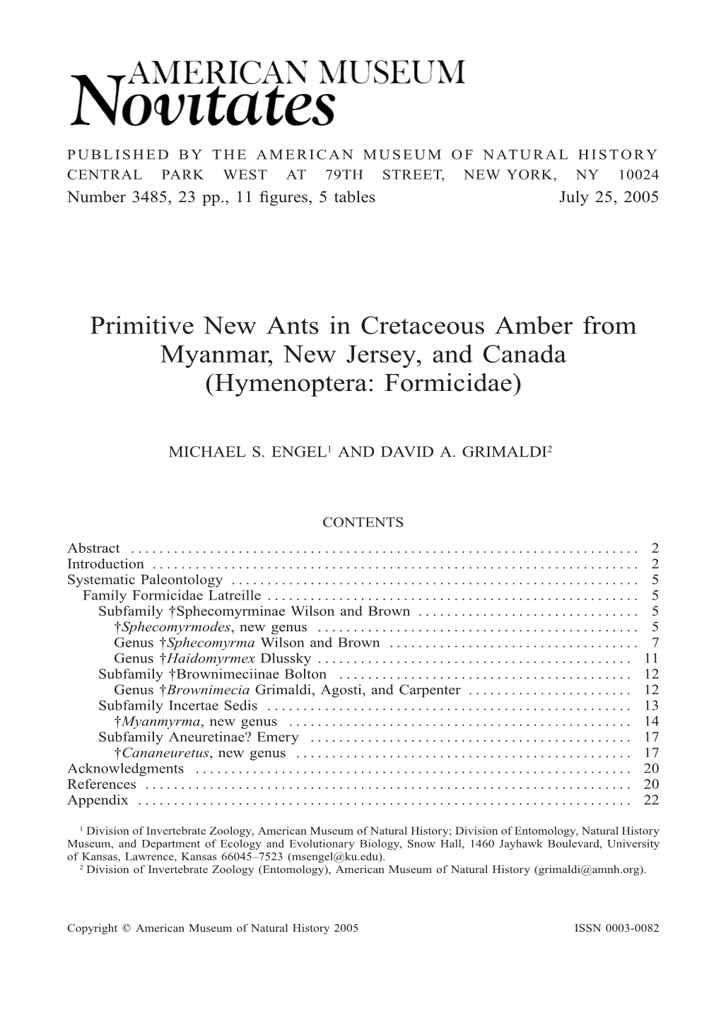 Primitive New Ants in Cretaceous Amber from Myanmar, New Jersey, and Canada (Hymenoptera: Formicidae)