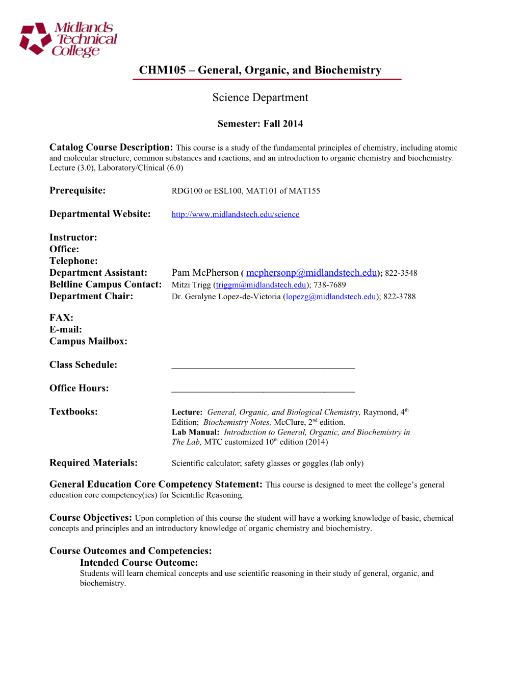 CHM105 General, Organic, and Biochemistry