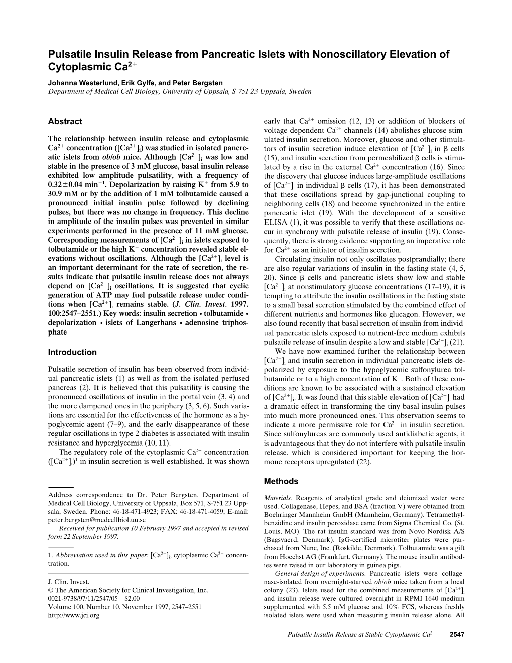 Pulsatile Insulin Release from Pancreatic Islets with Nonoscillatory Elevation of Cytoplasmic Ca2ϩ