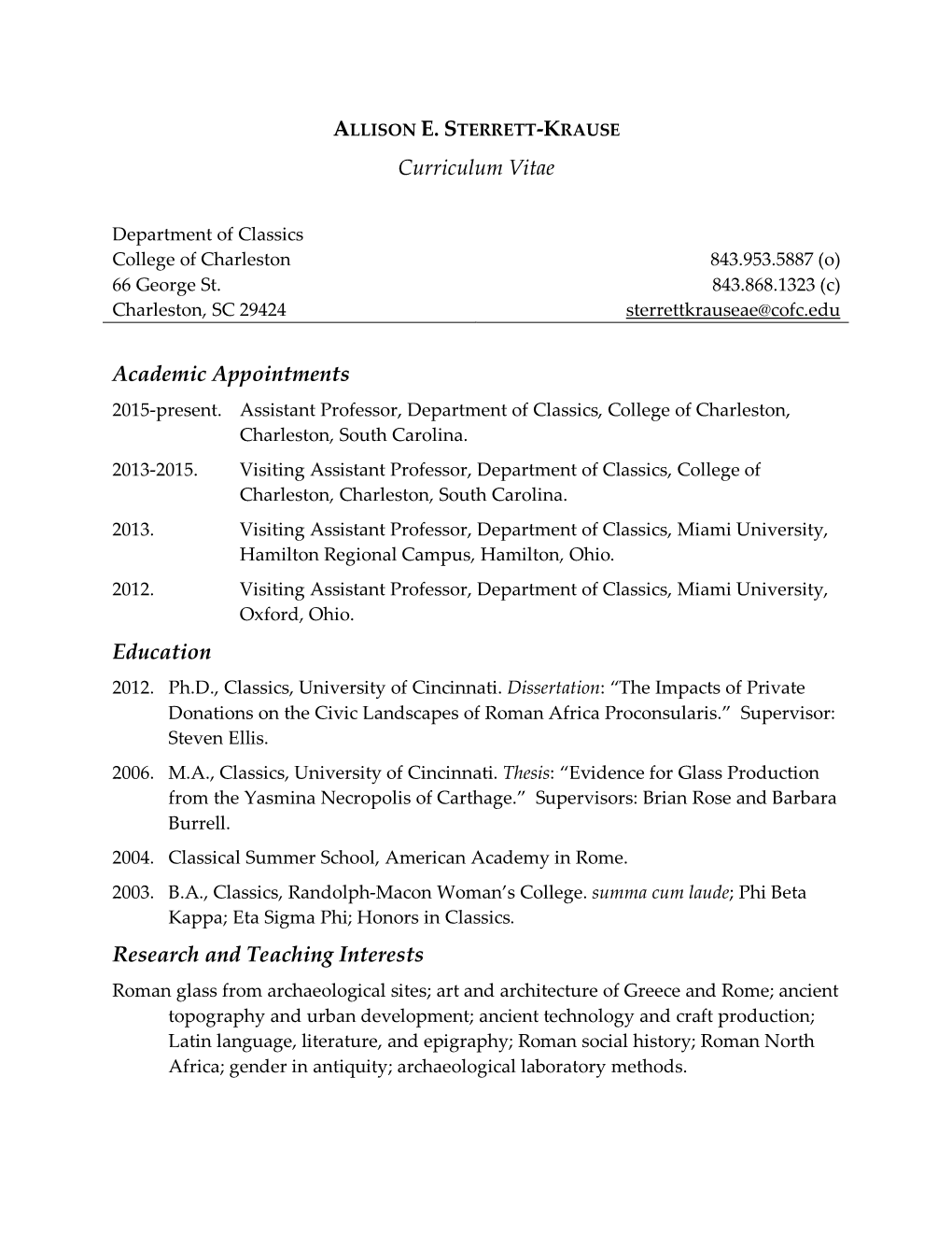 Sterrett-Krause Current Curriculum Vitae CV