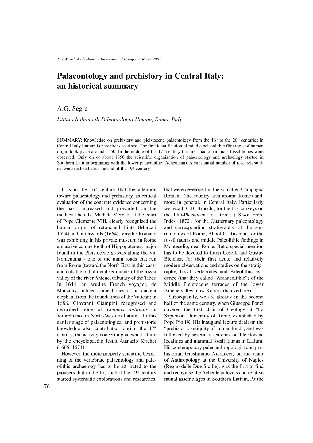 Palaeontology and Prehistory in Central Italy: an Historical Summary