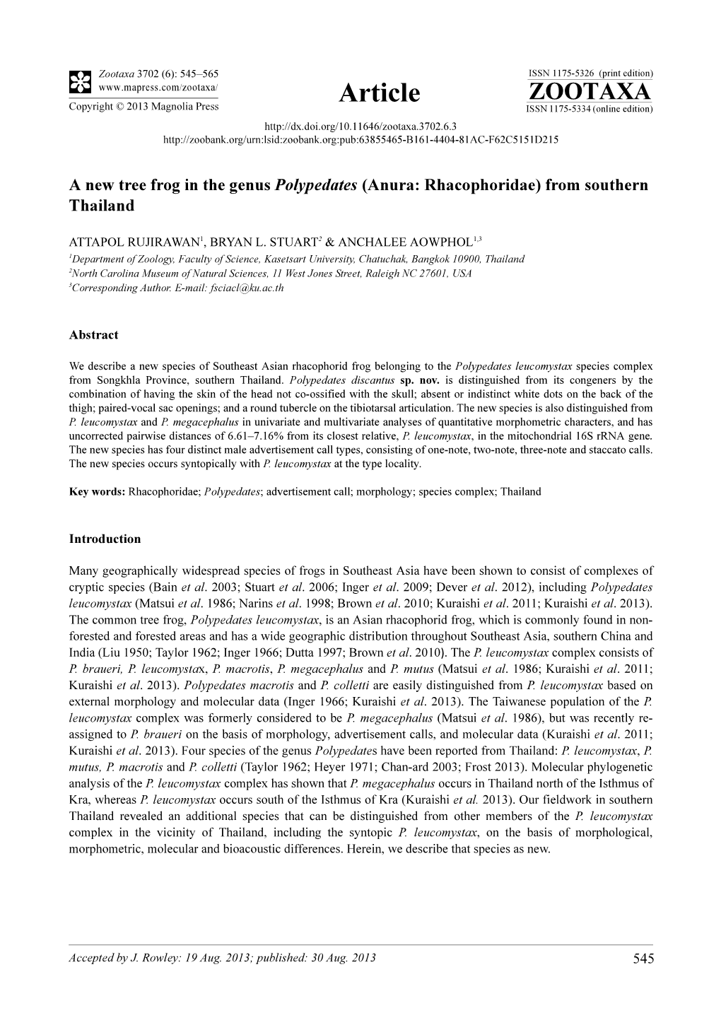 A New Tree Frog in the Genus Polypedates (Anura: Rhacophoridae) from Southern Thailand