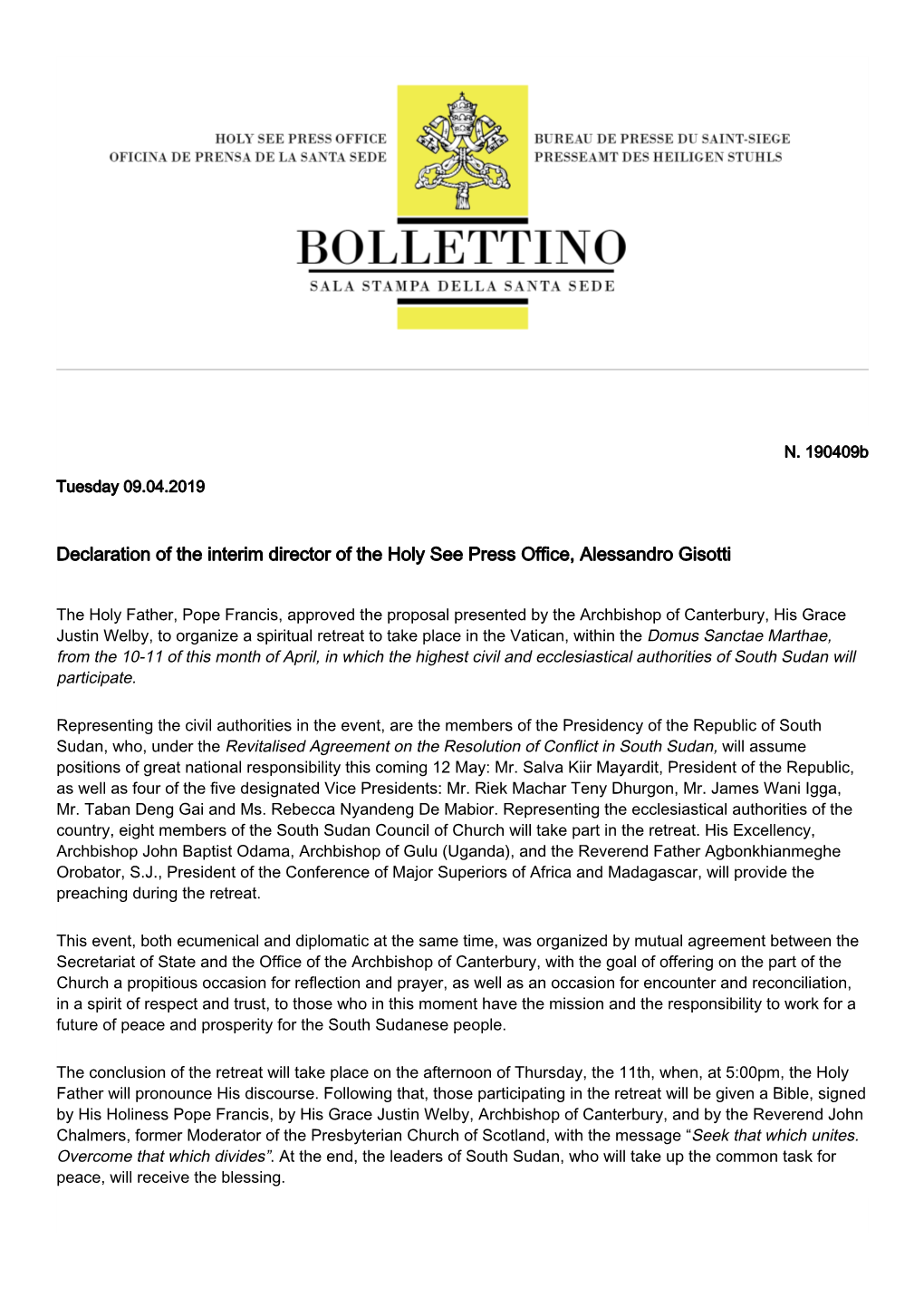 Declaration of the Interim Director of the Holy See Press Office, Alessandro Gisotti