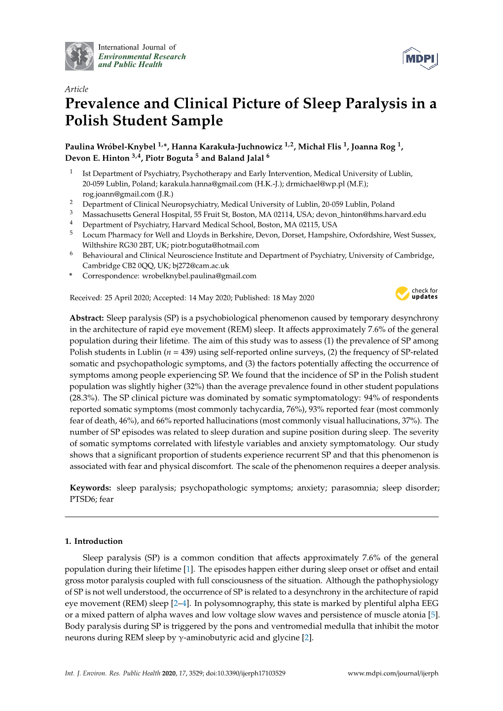 Prevalence and Clinical Picture of Sleep Paralysis in a Polish Student Sample