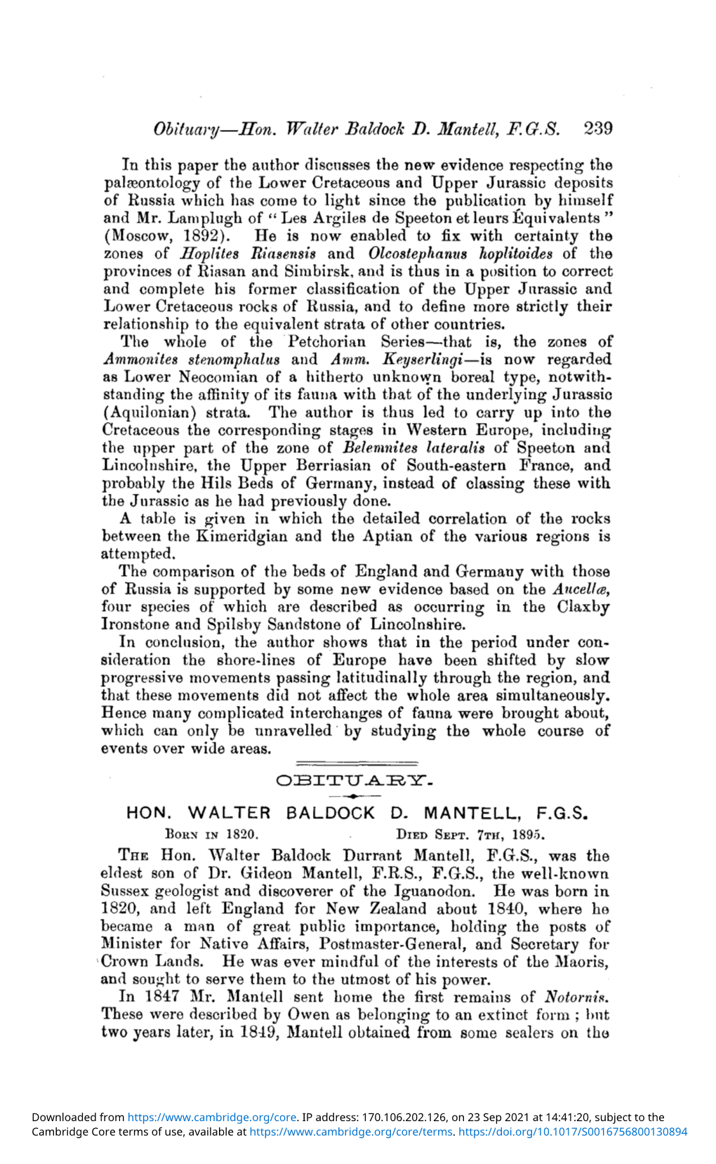 Hon. Walter Baldock D. Mantell, F.G.S. Born in 1820