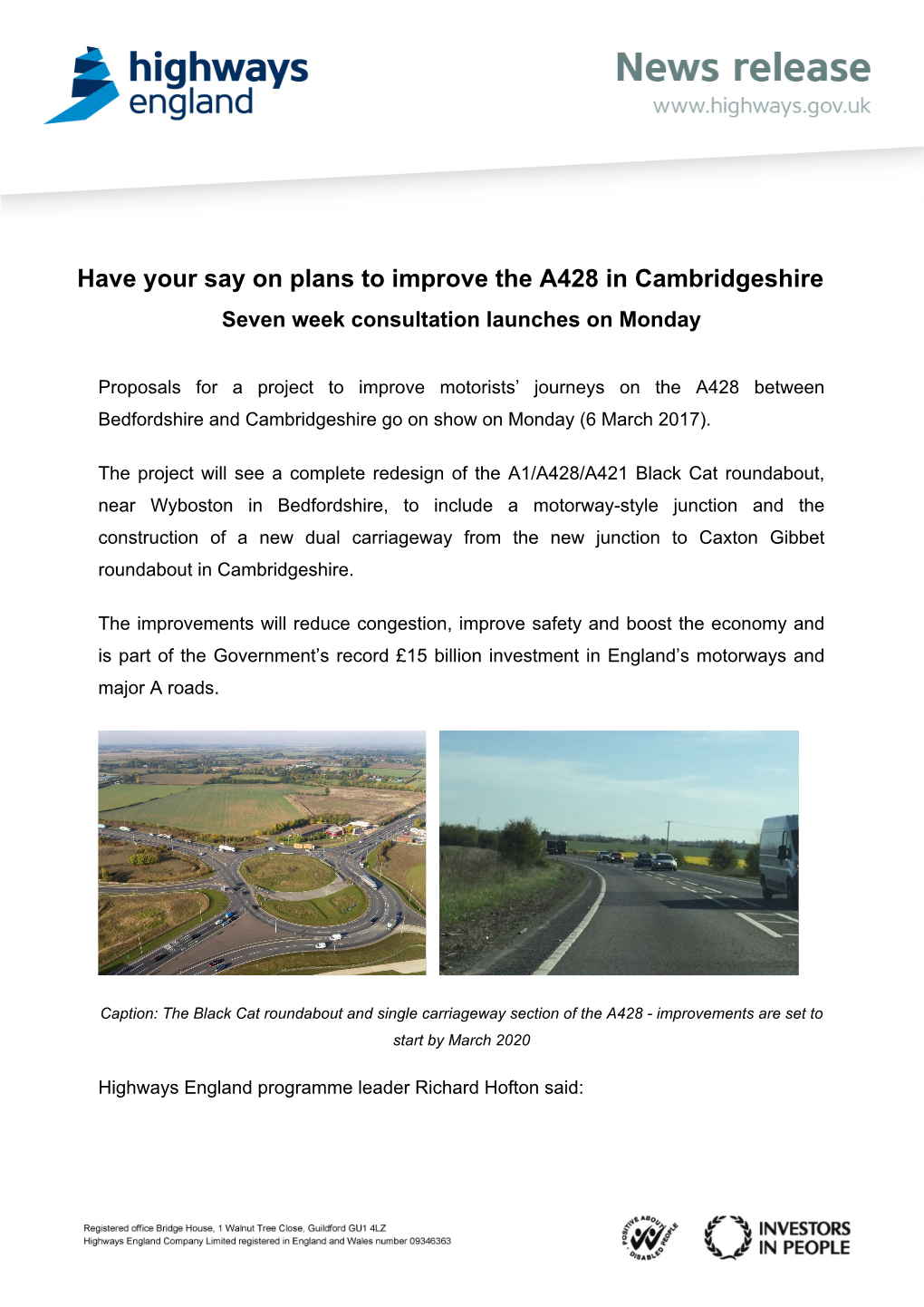 Have Your Say on Plans to Improve the A428 in Cambridgeshire Seven Week Consultation Launches on Monday