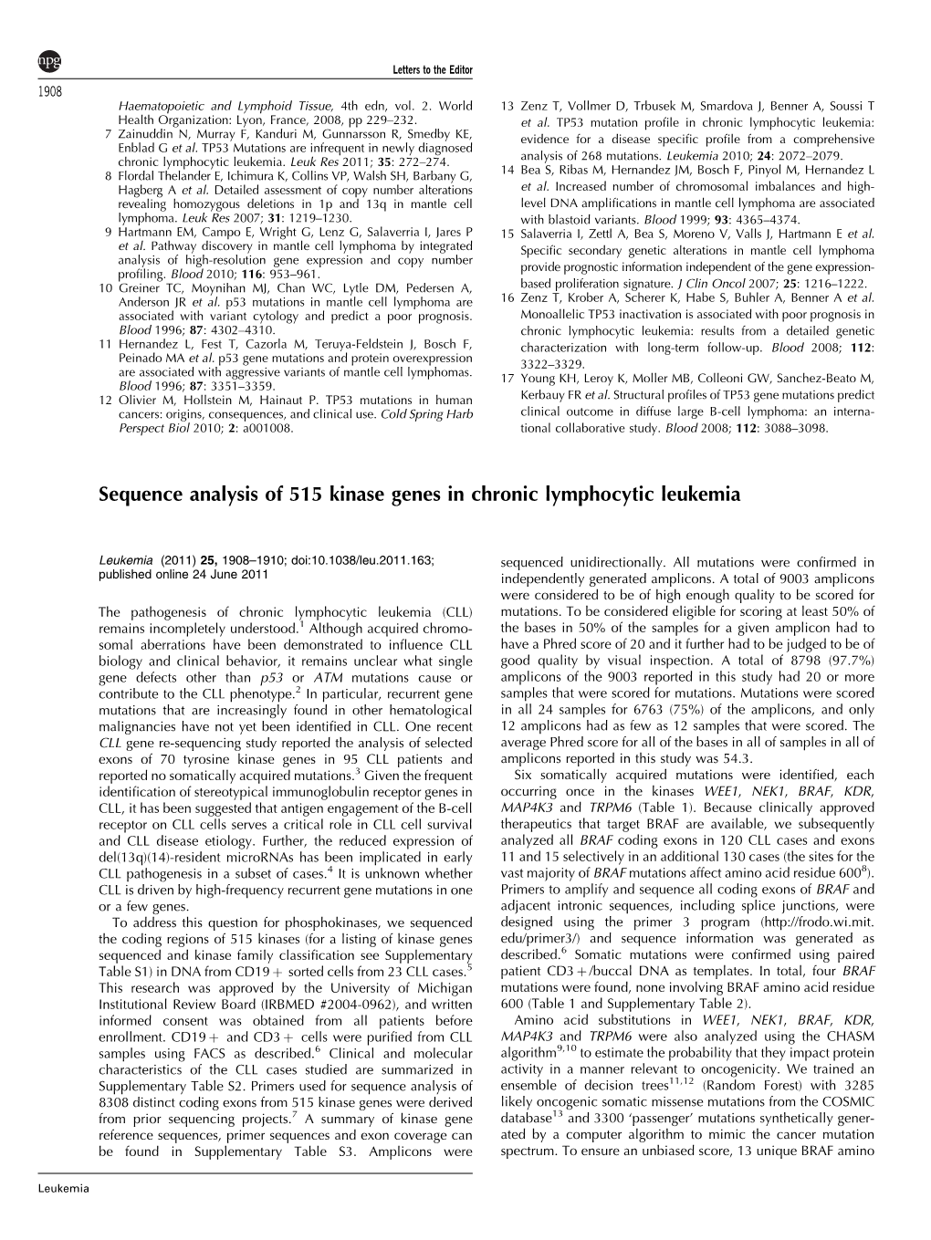 Sequence Analysis of 515 Kinase Genes in Chronic Lymphocytic Leukemia