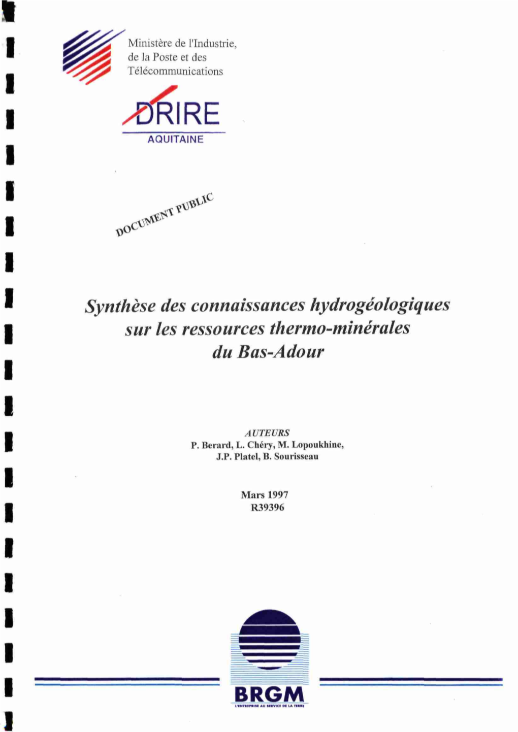 Synthèse Des Connaissances Hydrogéologiques Sur Les Ressources Thermo-Minérales Du Bas-Adour