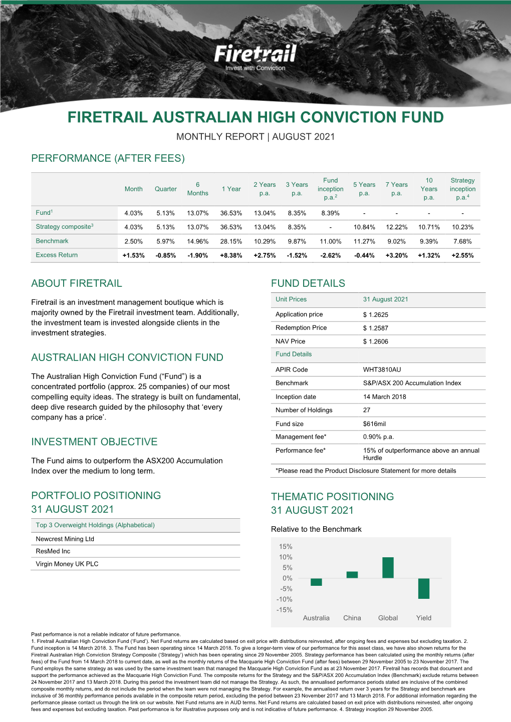 Firetrail Australian High Conviction Fund Monthly Report | August 2021