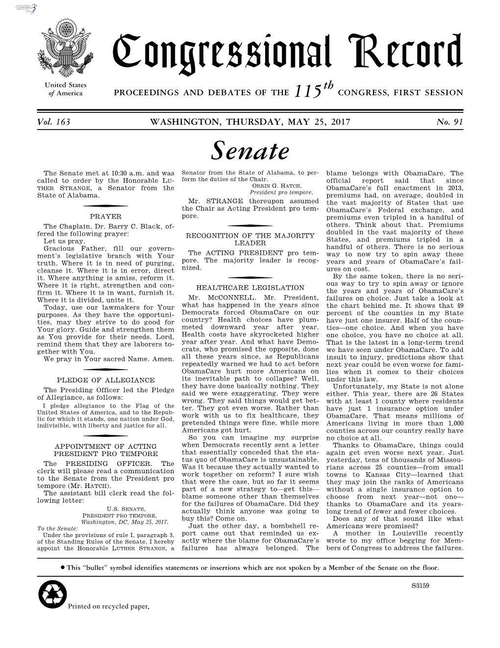 Congressional Record United States Th of America PROCEEDINGS and DEBATES of the 115 CONGRESS, FIRST SESSION