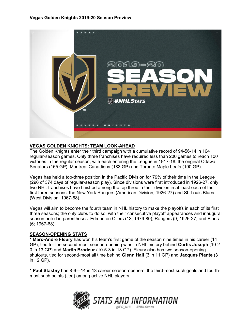 Vegas Golden Knights 2019-20 Season Preview