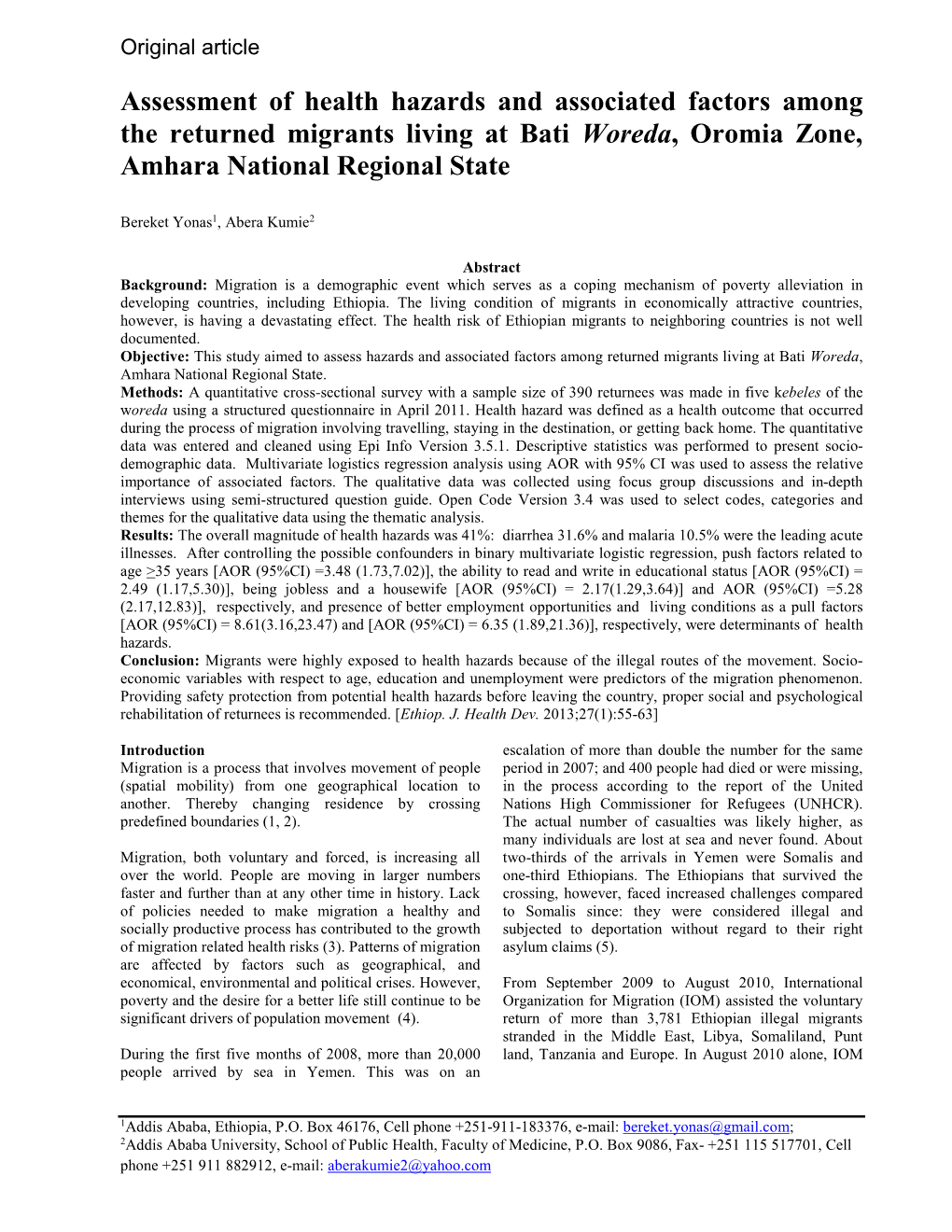 Assessment of Health Hazards and Associated Factors Among the Returned Migrants Living at Bati Woreda, Oromia Zone, Amhara National Regional State