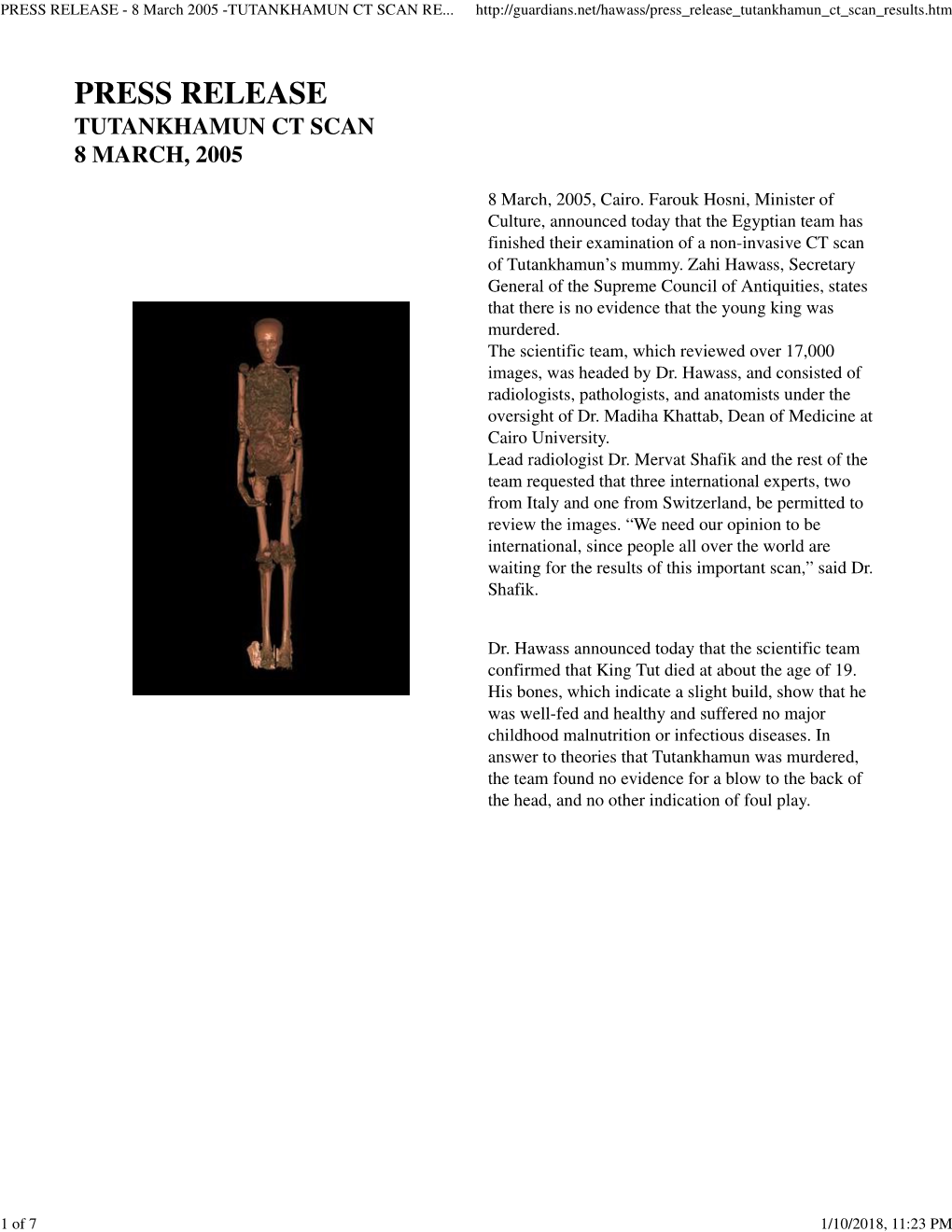 8 March 2005 -TUTANKHAMUN CT SCAN RESULTS