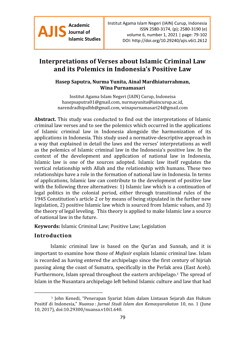 Interpretations of Verses About Islamic Criminal Law and Its Polemics in Indonesia’S Positive Law