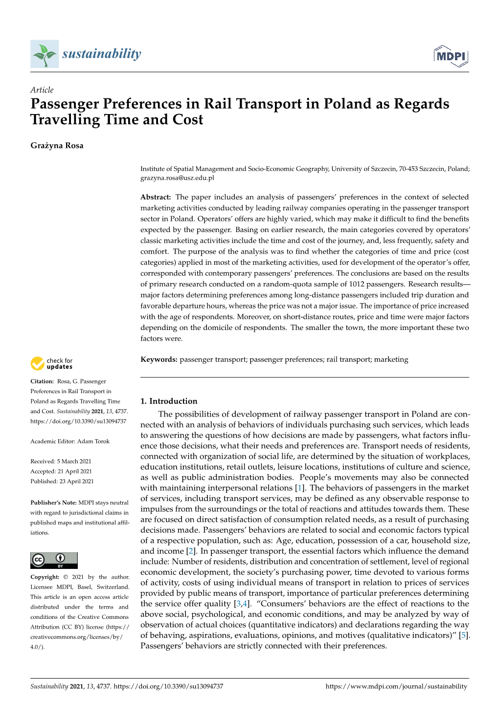 Passenger Preferences in Rail Transport in Poland As Regards Travelling Time and Cost