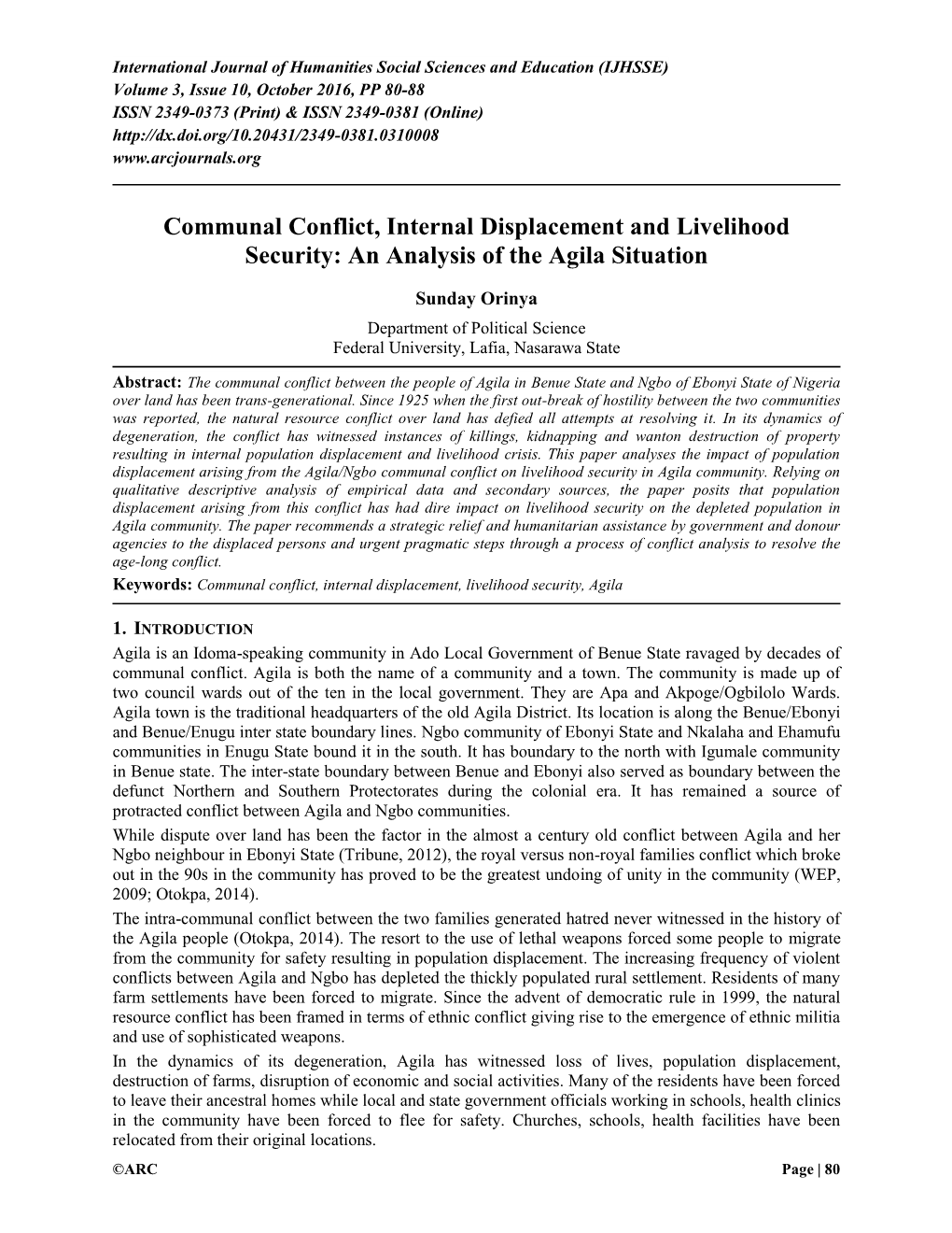 Communal Conflict, Internal Displacement and Livelihood Security: an Analysis of the Agila Situation