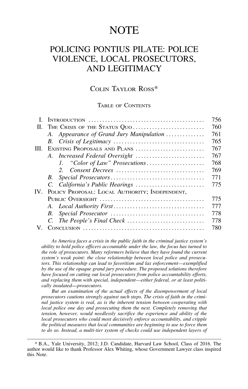 Policing Pontius Pilate: Police Violence, Local Prosecutors, and Legitimacy