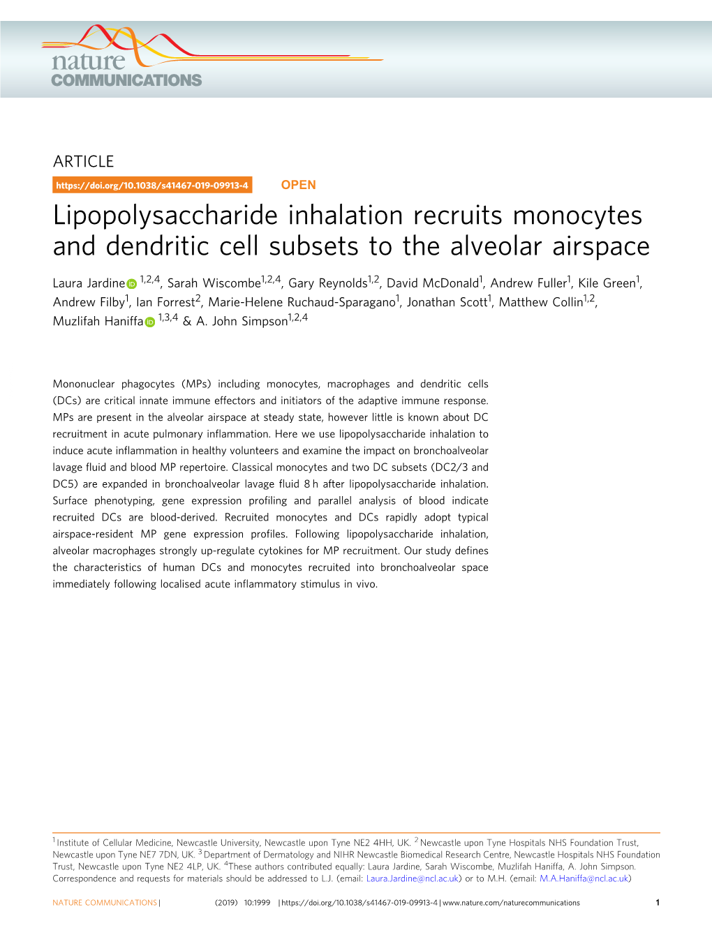 Lipopolysaccharide Inhalation Recruits Monocytes and Dendritic Cell Subsets to the Alveolar Airspace