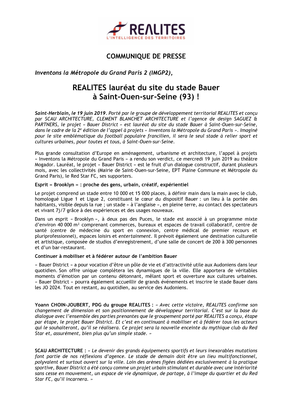 REALITES Lauréat Du Site Du Stade Bauer À Saint-Ouen-Sur-Seine (93) !