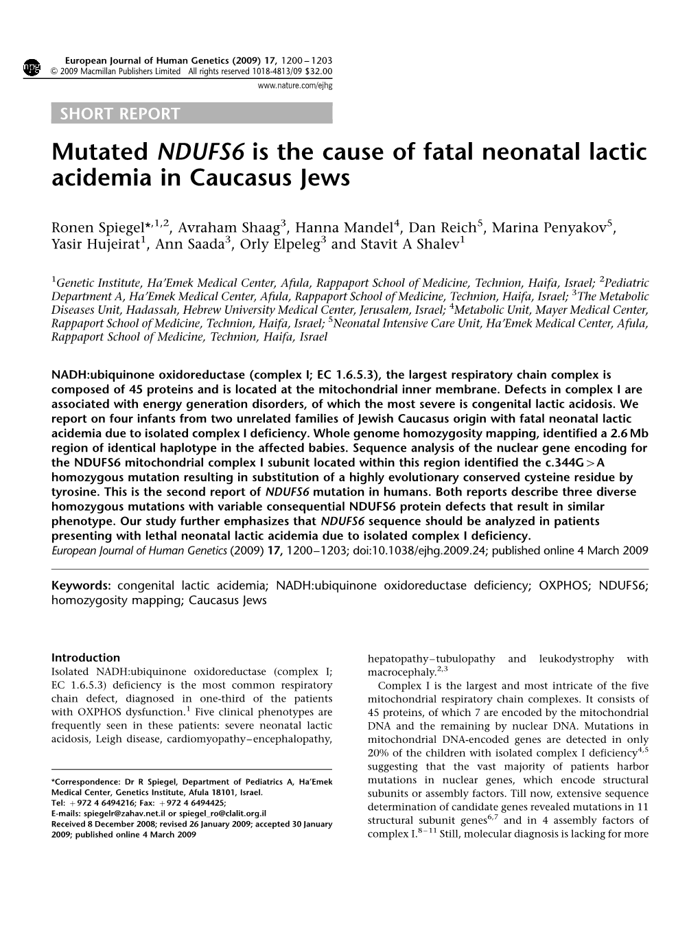 Mutated NDUFS6 Is the Cause of Fatal Neonatal Lactic Acidemia in Caucasus Jews