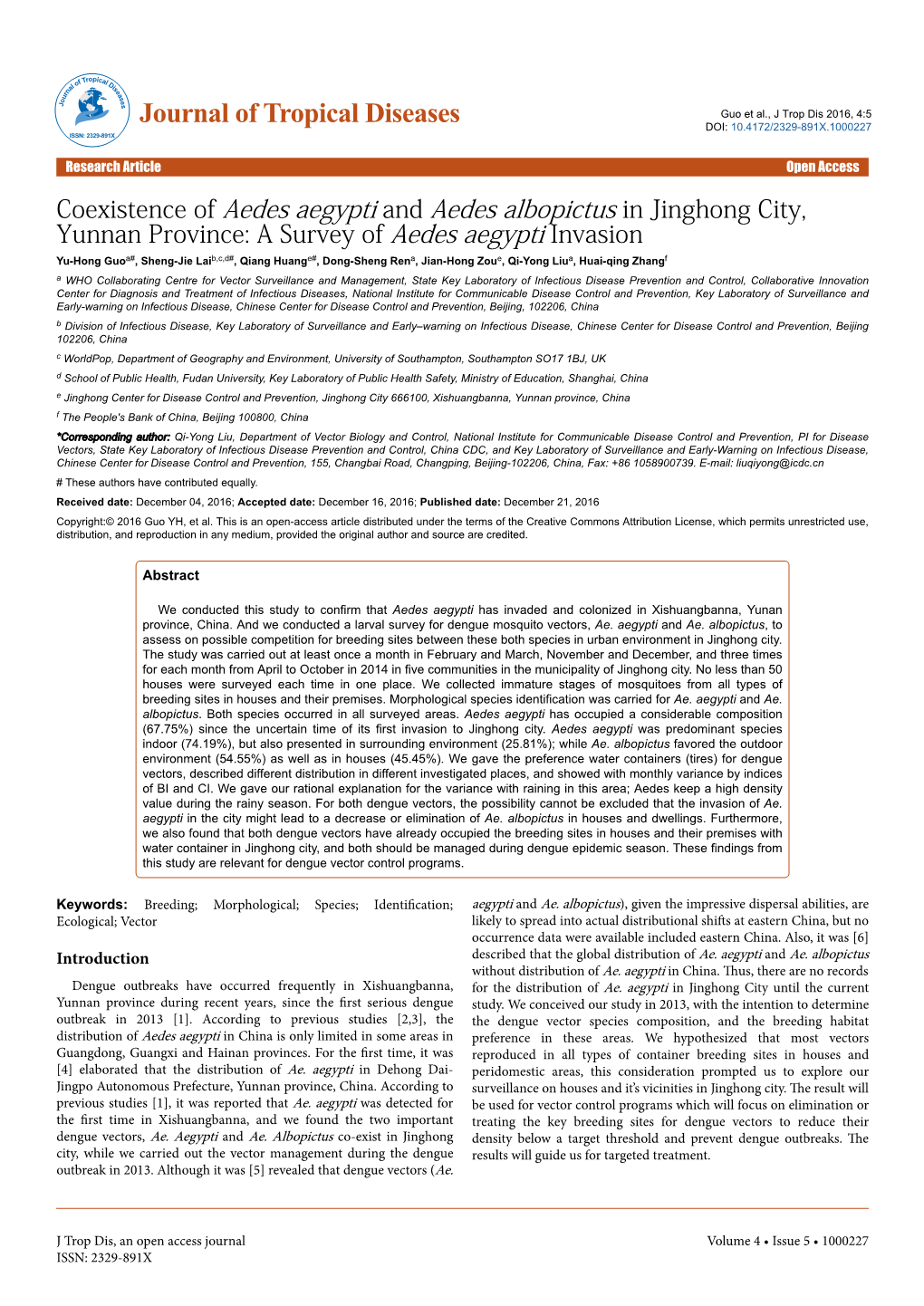 Coexistence of Aedes Aegypti and Aedes Albopictus in Jinghong City