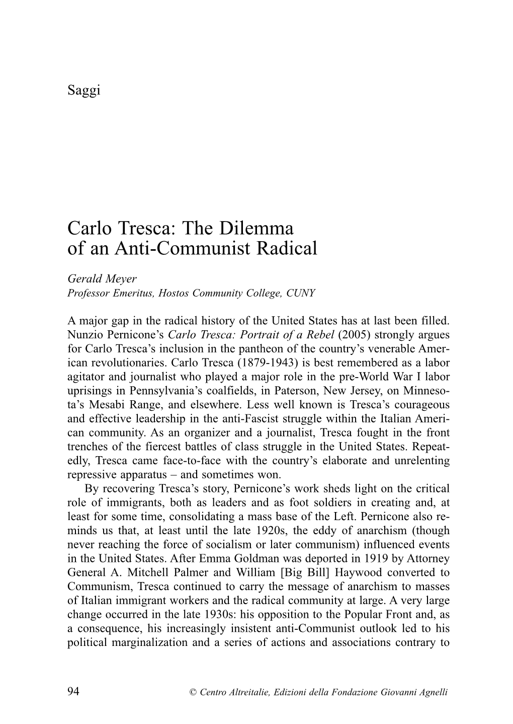 Carlo Tresca: the Dilemma of an Anti-Communist Radical