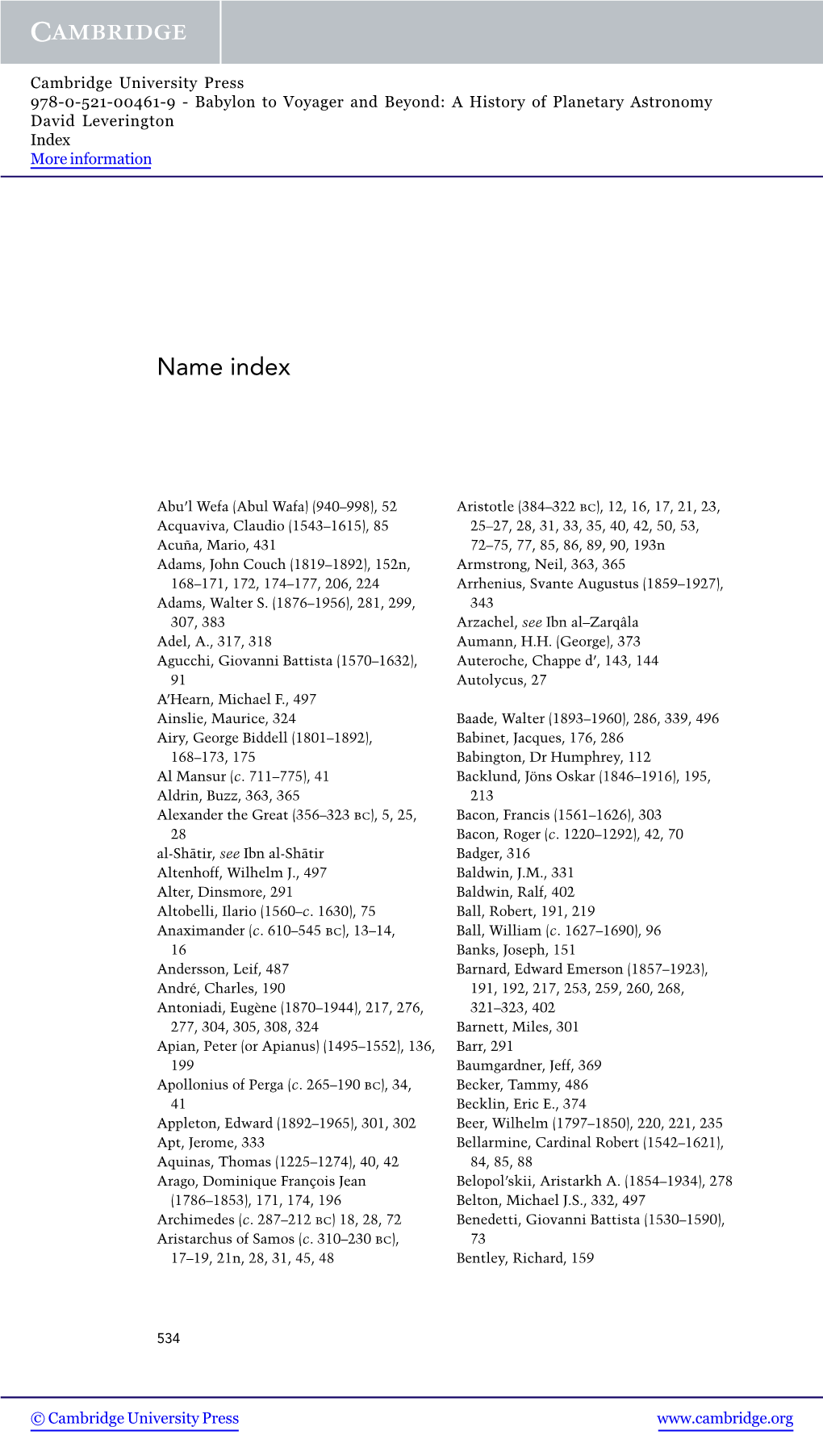 A History of Planetary Astronomy David Leverington Index More Information