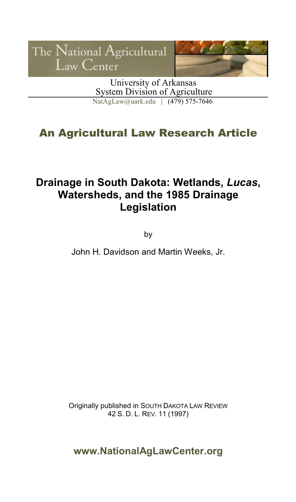 Wetlands, Lucas, Watersheds, and the 1985 Drainage Legislation