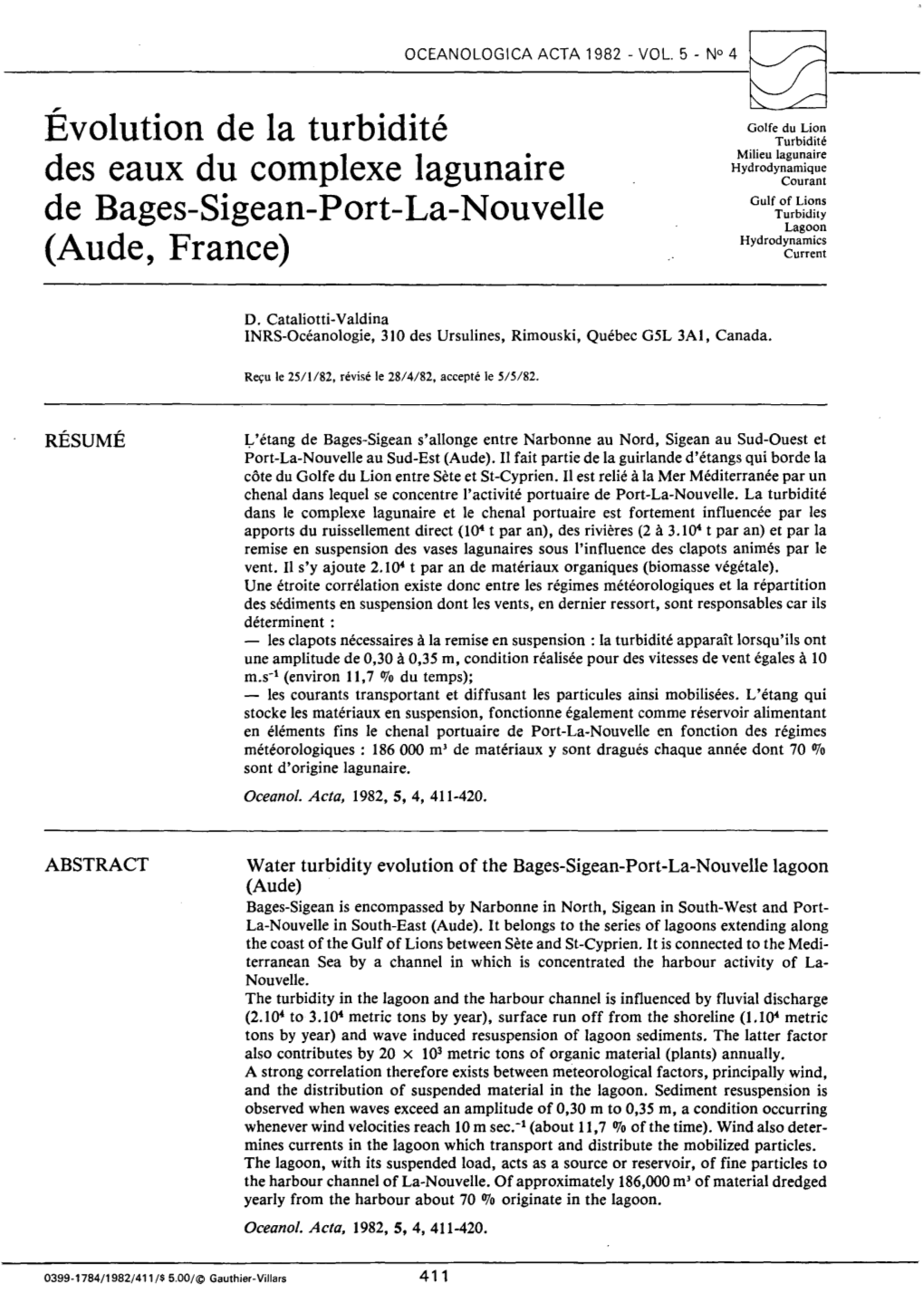 Évolution De La Turbidité Des Eaux Du Complexe Lagunaire De