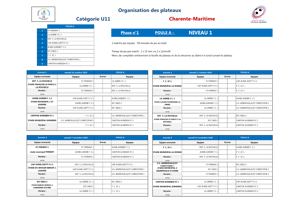 Organisation Des Plateaux Catégorie U11 Charente-Maritime NIVEAU 1